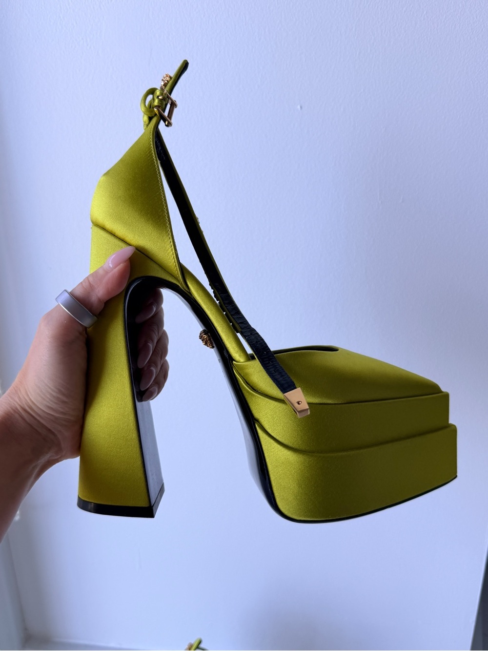 Versace Chartreuse Satin Platform Slingback Heels
